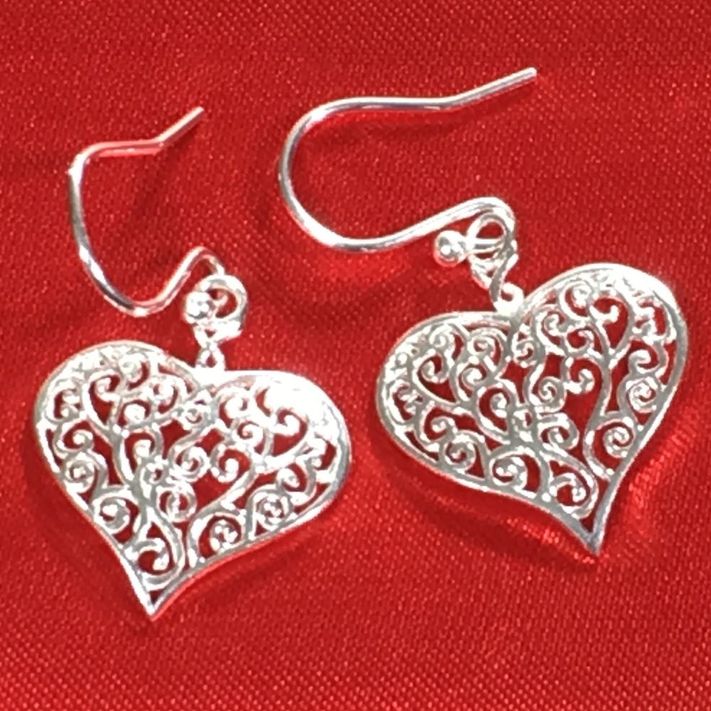 NEW Sterling Silver Curly Heart Dangle Earrings